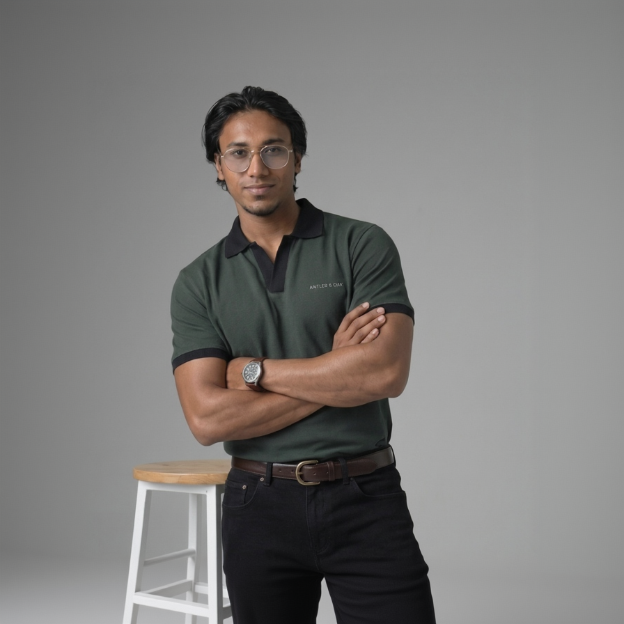 Man wearing a green polo shirt with a logo, standing against a gray background.