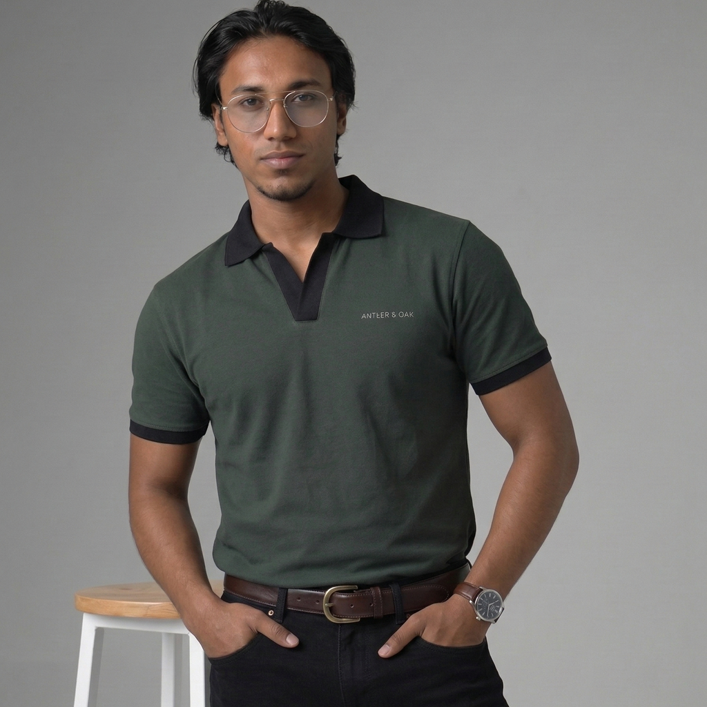 Man wearing a green polo shirt with black collar and trim, standing against a gray background.