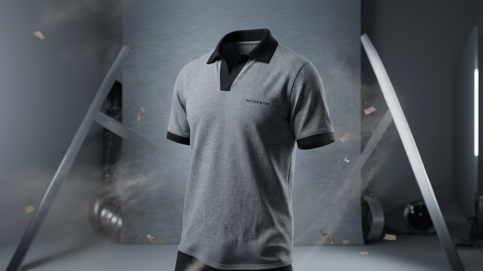 Gray polo shirt with black accents on a gray background with props