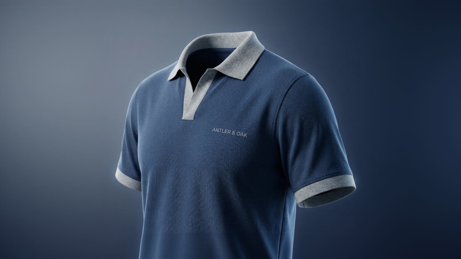 Blue polo shirt with gray collar and cuffs on a dark background