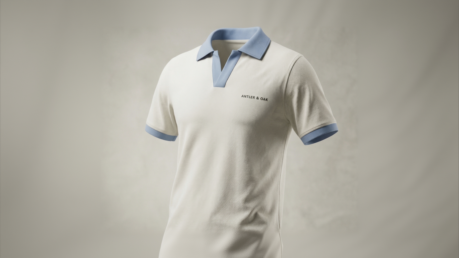 White polo shirt with blue accents on a beige background