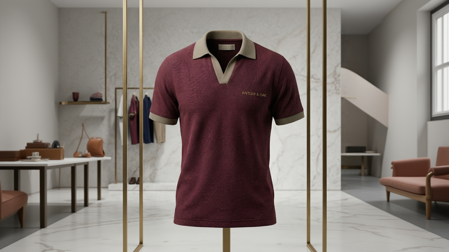 Maroon polo shirt with beige collar and trim displayed in a gold frame.
